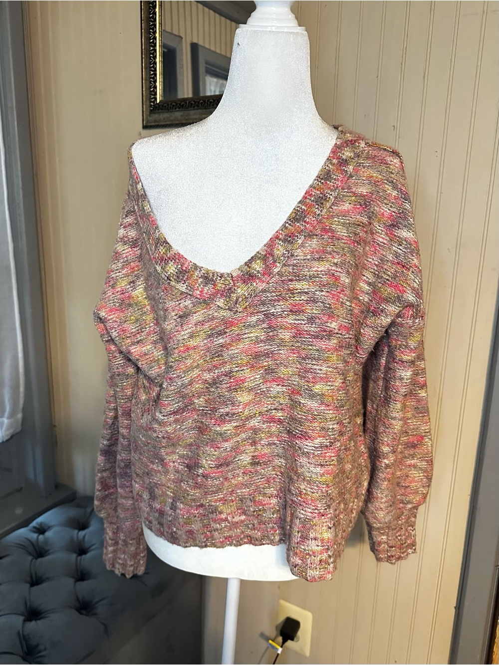 Pilcro Anthropologie Small Speckled Knit V-Neck Sweater Balloon Sleeve Cozy Boho